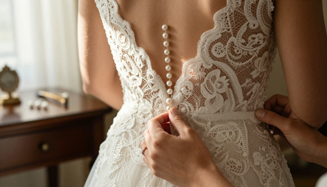 Close-up of bride's hands with pearl buttons on hand-sewn French lace gown being fastened in warm morning window light with shallow depth of field