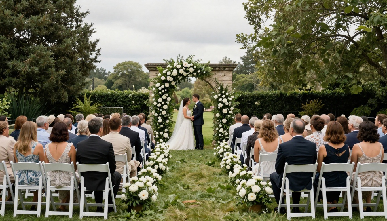 Outdoor wedding ceremony from elevated angle showing curved rows of guests and a flower-lined aisle leading to a stone archway draped in white peonies and greenery
