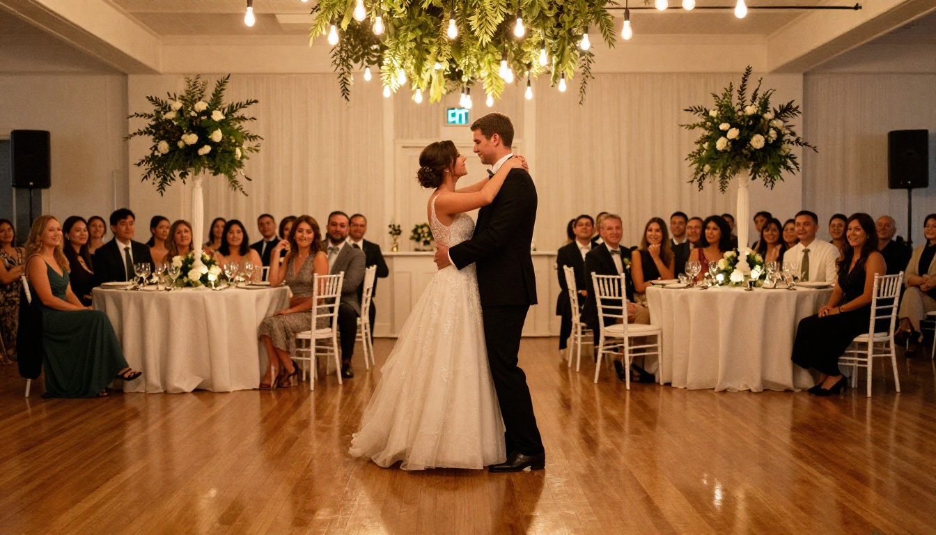 Bride and groom sharing their first dance in a warm amber reception hall with Edison bulbs overhead and their reflection on the polished hardwood floor below
