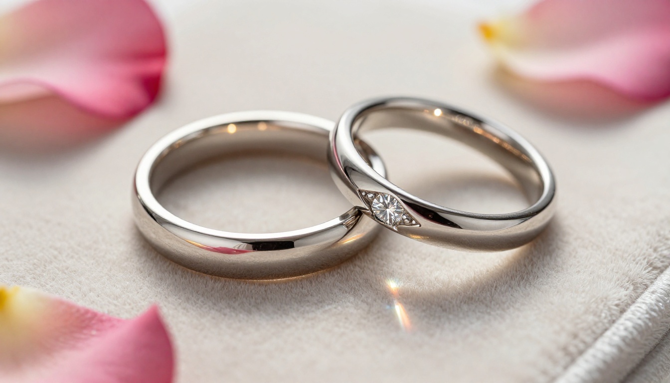 Extreme macro close-up of two platinum wedding rings on an ivory velvet box with prismatic diamond light scattering across the surface and scattered rose petals