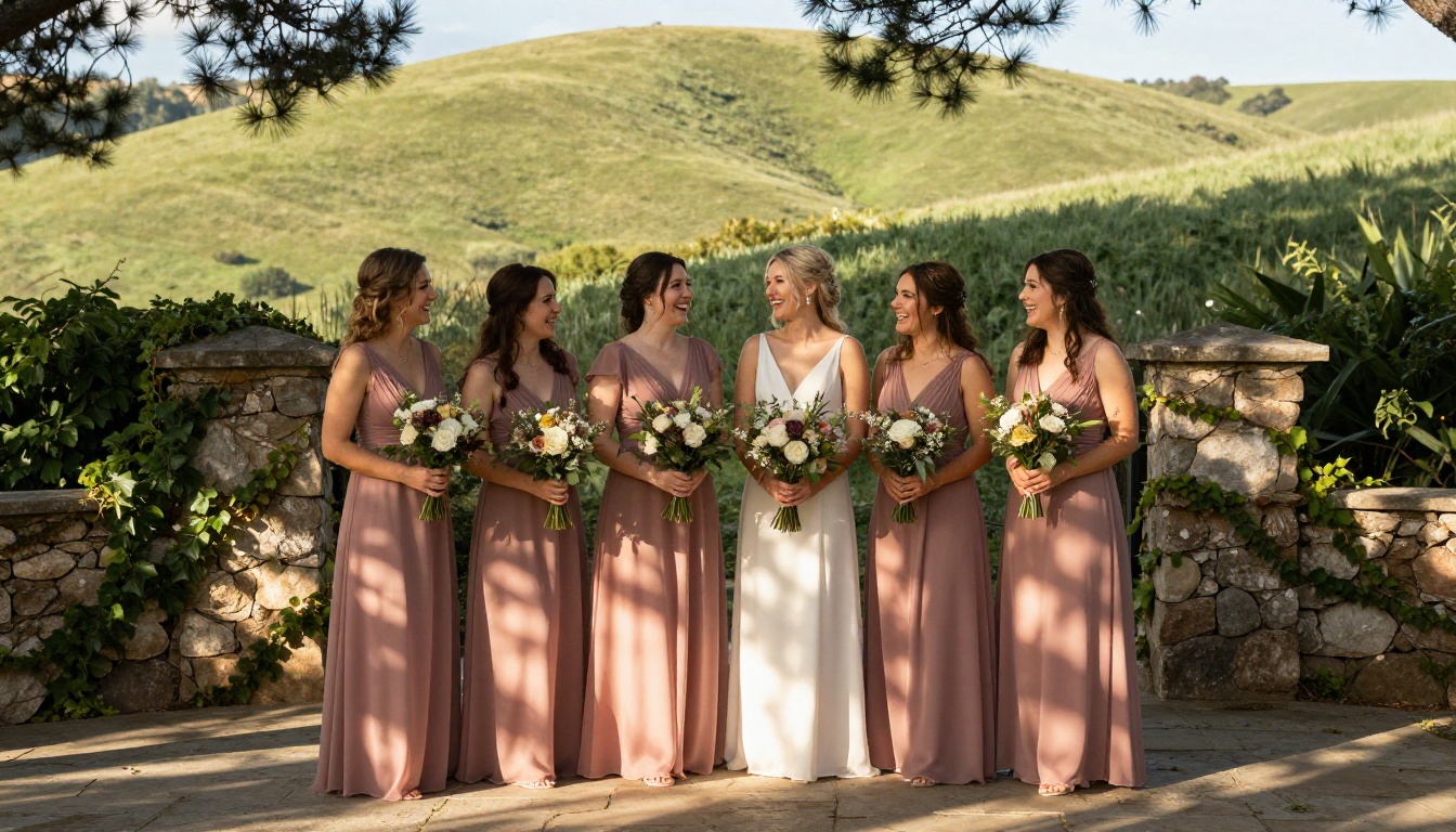 Six bridesmaids in dusty rose chiffon gowns standing on a stone terrace with climbing ivy wall and rolling green hills behind them in dappled afternoon sunlight
