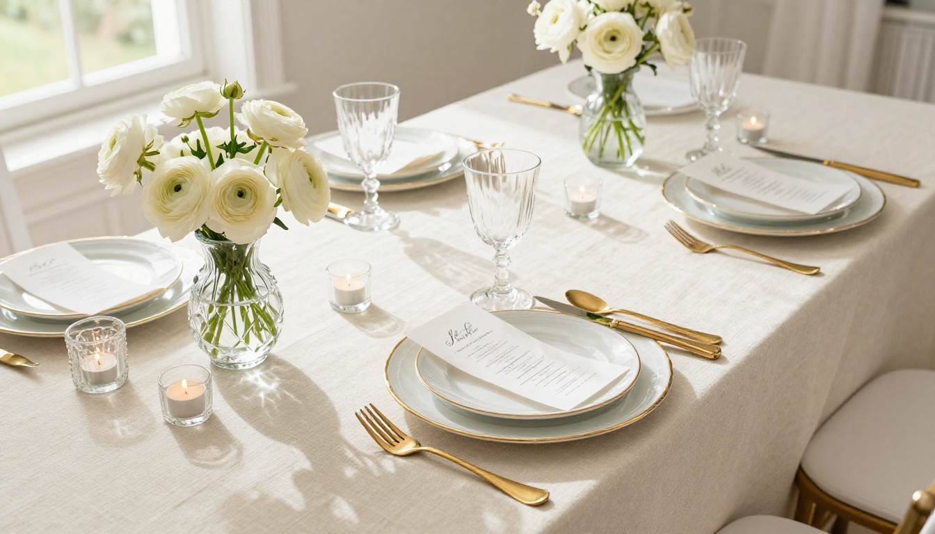 Overhead aerial flat-lay of an elegant wedding reception tablescape with gold-rimmed porcelain, hand-lettered calligraphy menus, antique brass cutlery, and tea light candles