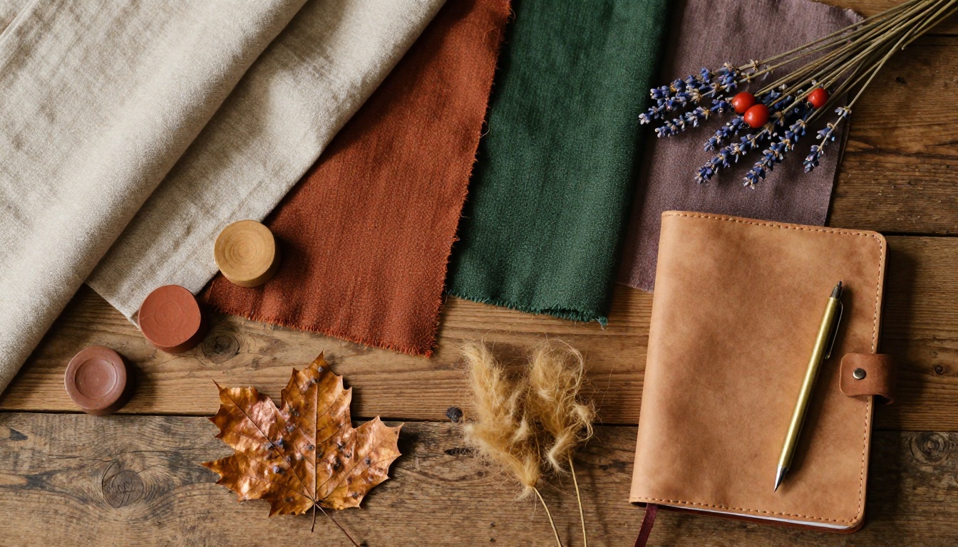 Autumn color palette mood board with warm linen swatches, terracotta chips, and dried leaves on oak wood surface Autumn color palette mood board with warm linen swatches, terracotta chips, and dried leaves on oak wood surface