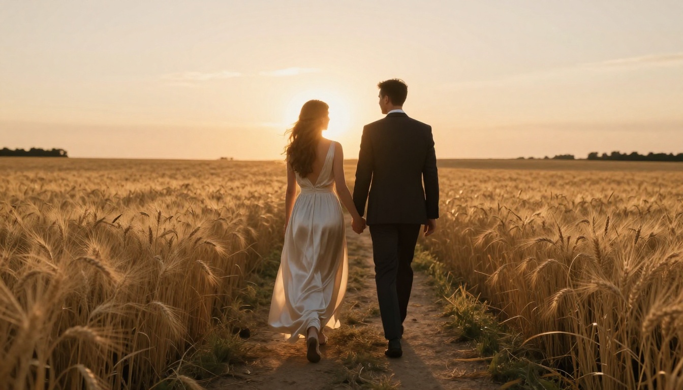 Bride and groom walking hand in hand through a golden wheat field at sunset, warm backlit halo silhouetting them, telephoto lens creating creamy bokeh background