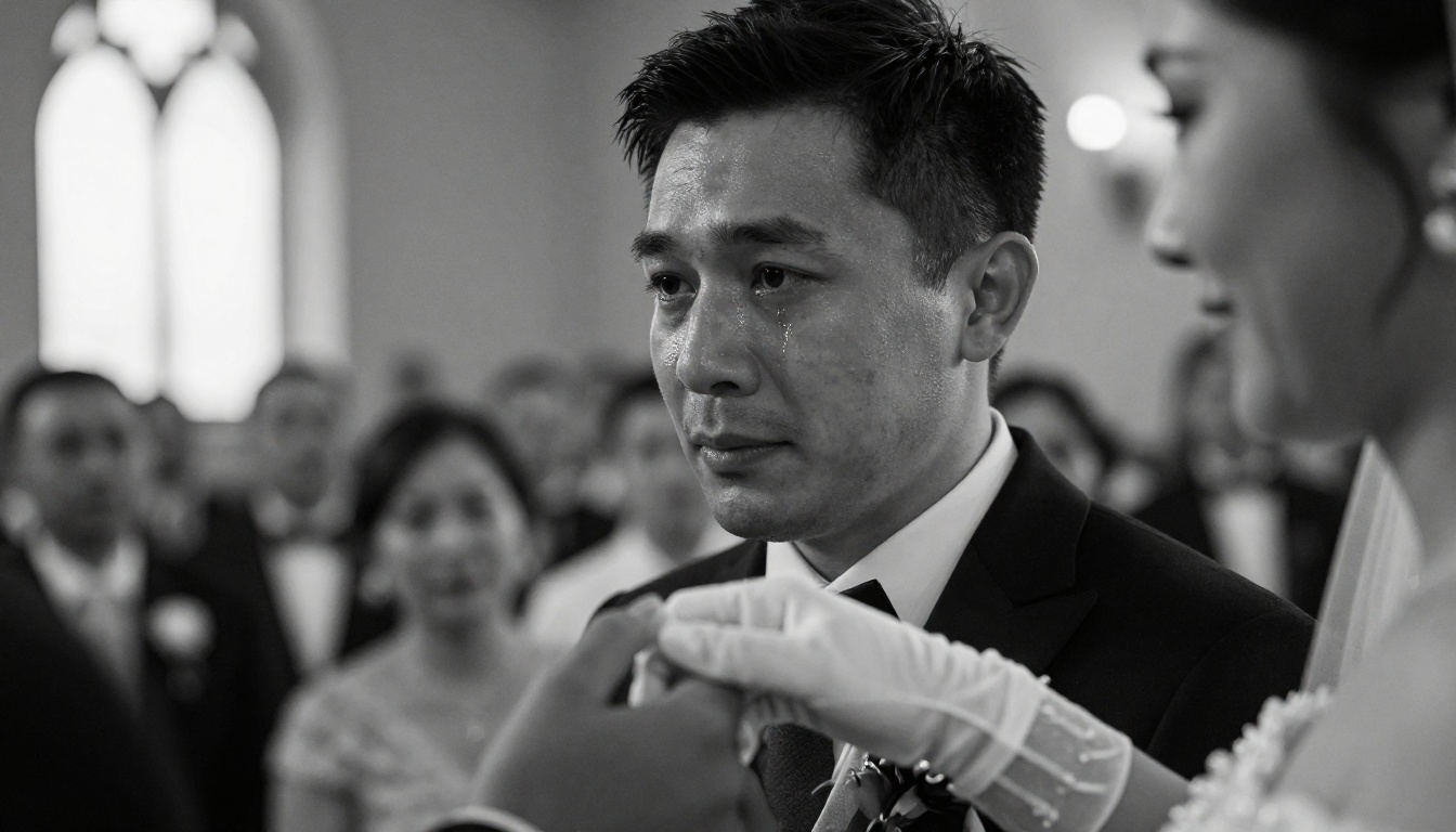 Black and white close-up of groom's emotional face during wedding vows with tears on his cheek, dramatic soft church window light illuminating skin texture