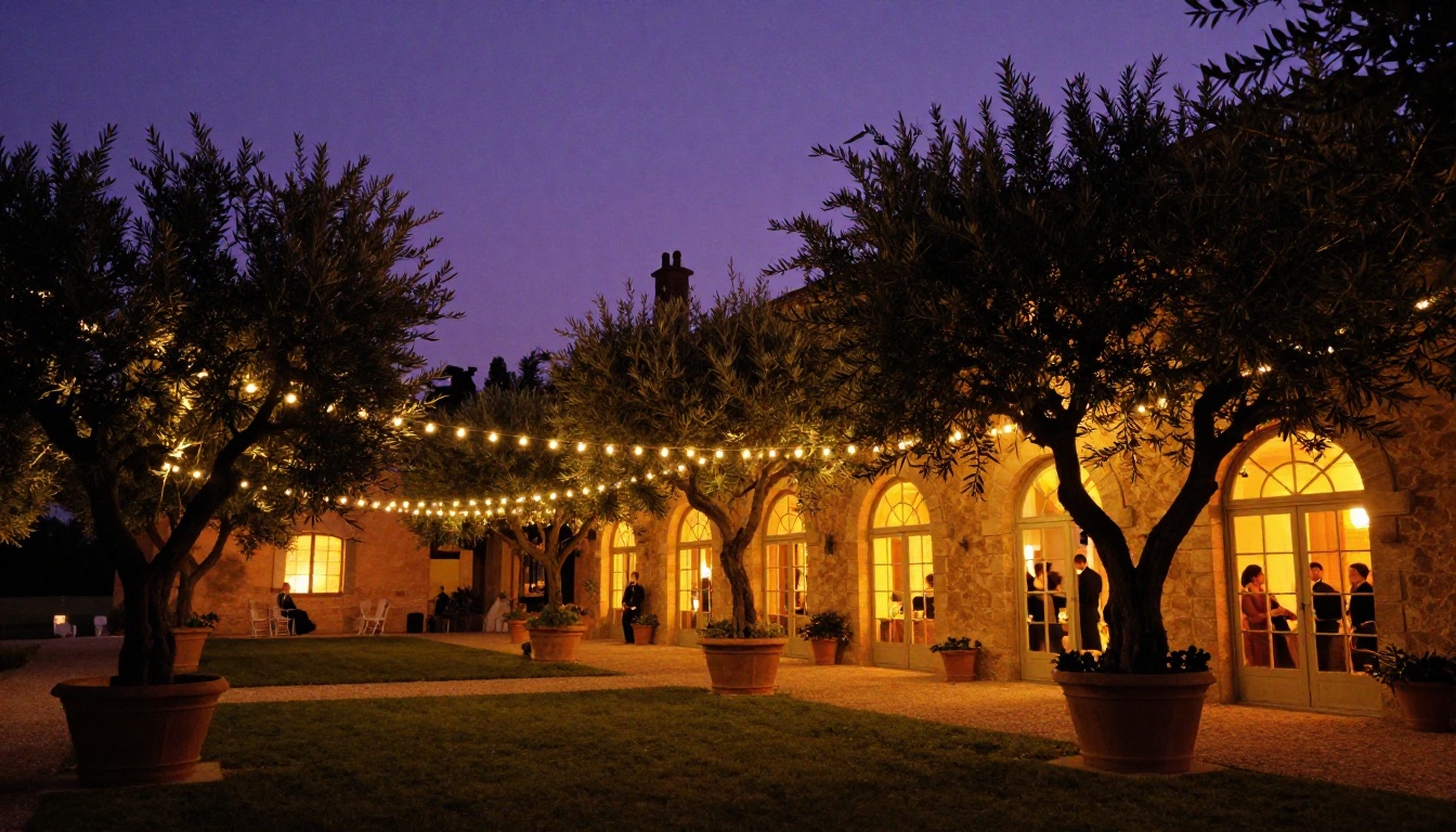 Elegant vineyard estate wedding venue exterior at twilight with warm amber arched windows, fairy lights strung between olive trees, and deep indigo sky above