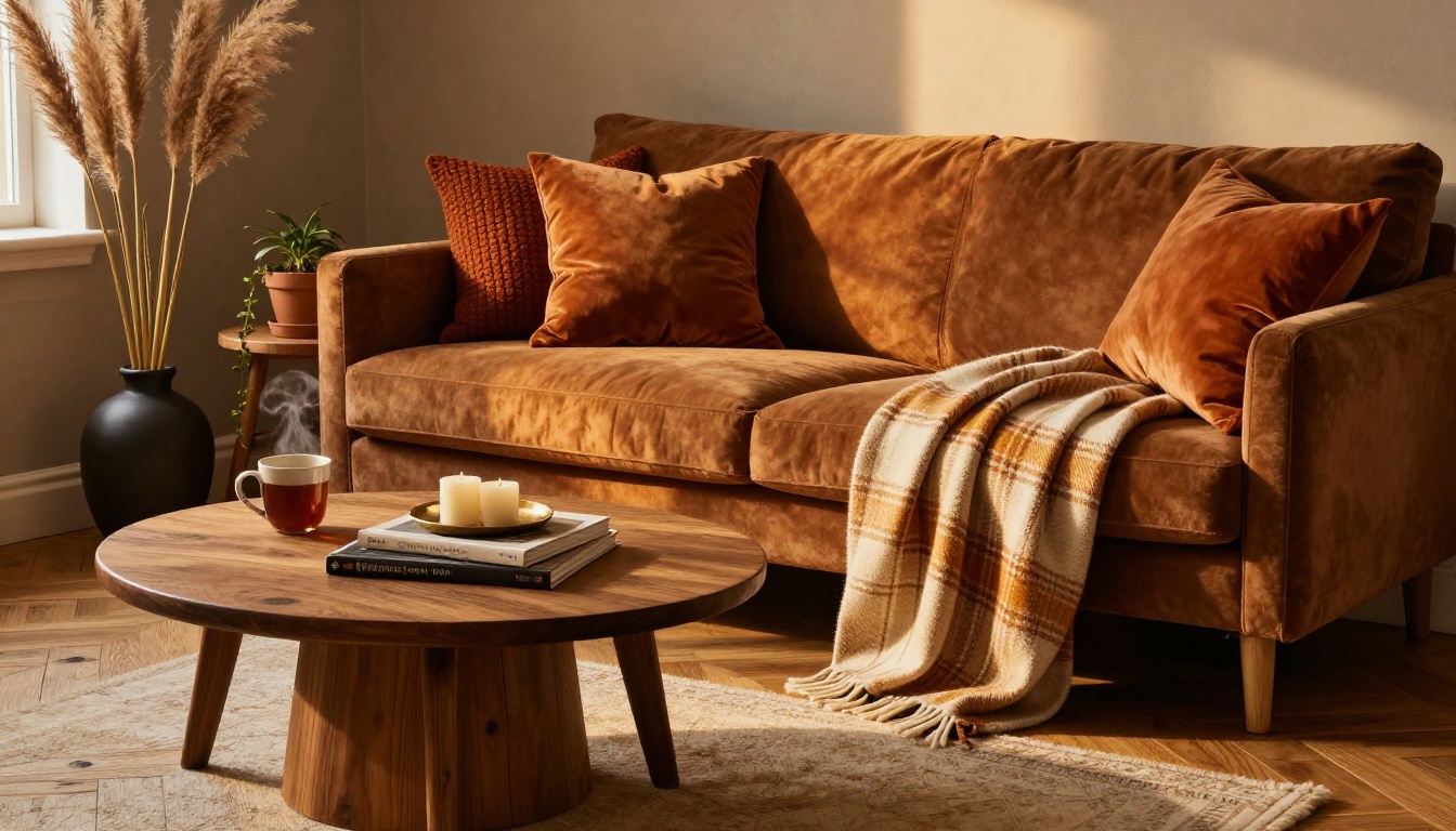 Cozy autumn living room with burnt sienna velvet pillows, wool throw, and pampas grass in warm golden light Cozy autumn living room with burnt sienna velvet pillows, wool throw, and pampas grass in warm golden light