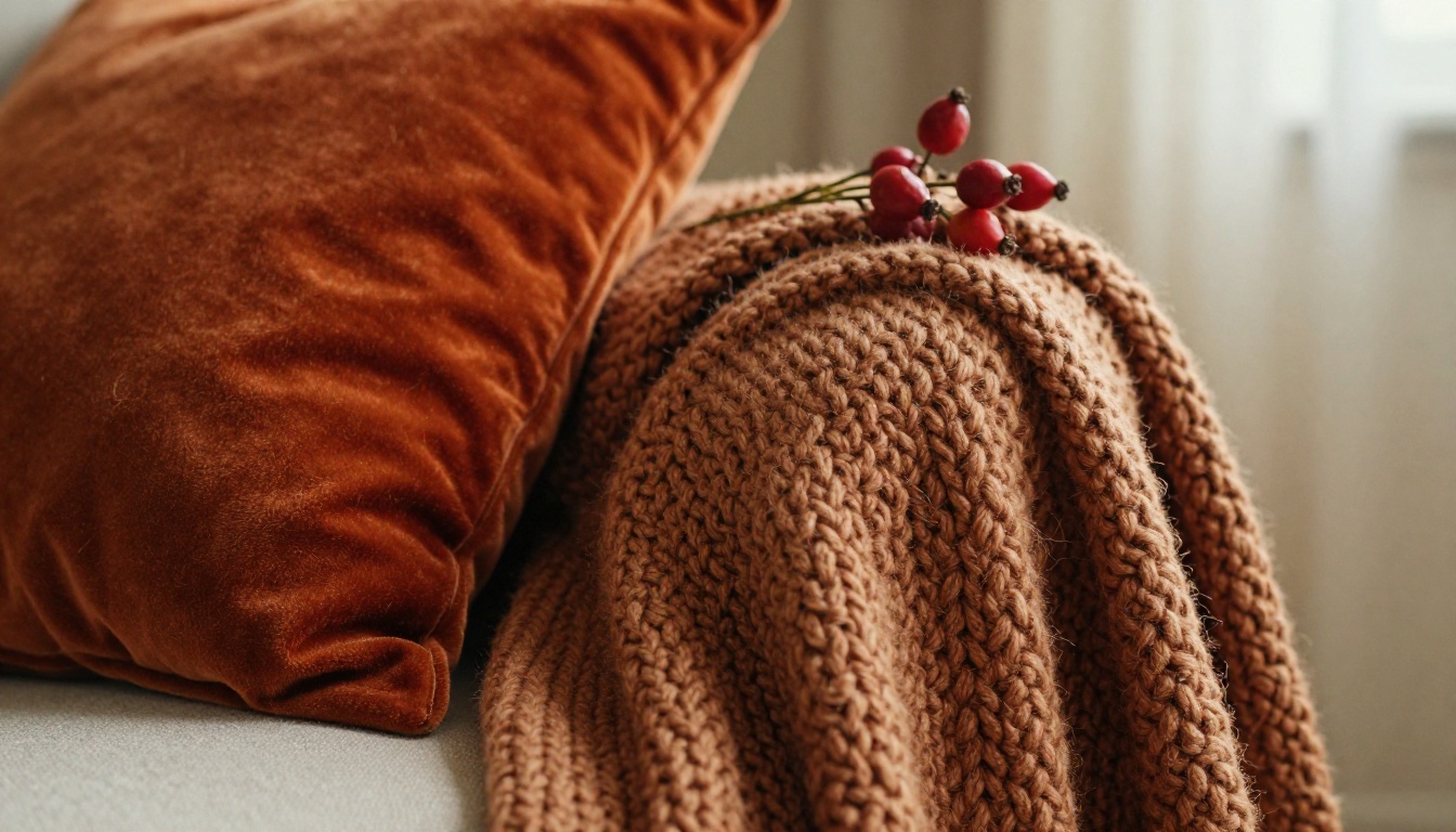 Close-up macro of chunky knit wool throw and velvet cushion in rust tones with dried rosehips Close-up macro of chunky knit wool throw and velvet cushion in rust tones with dried rosehips