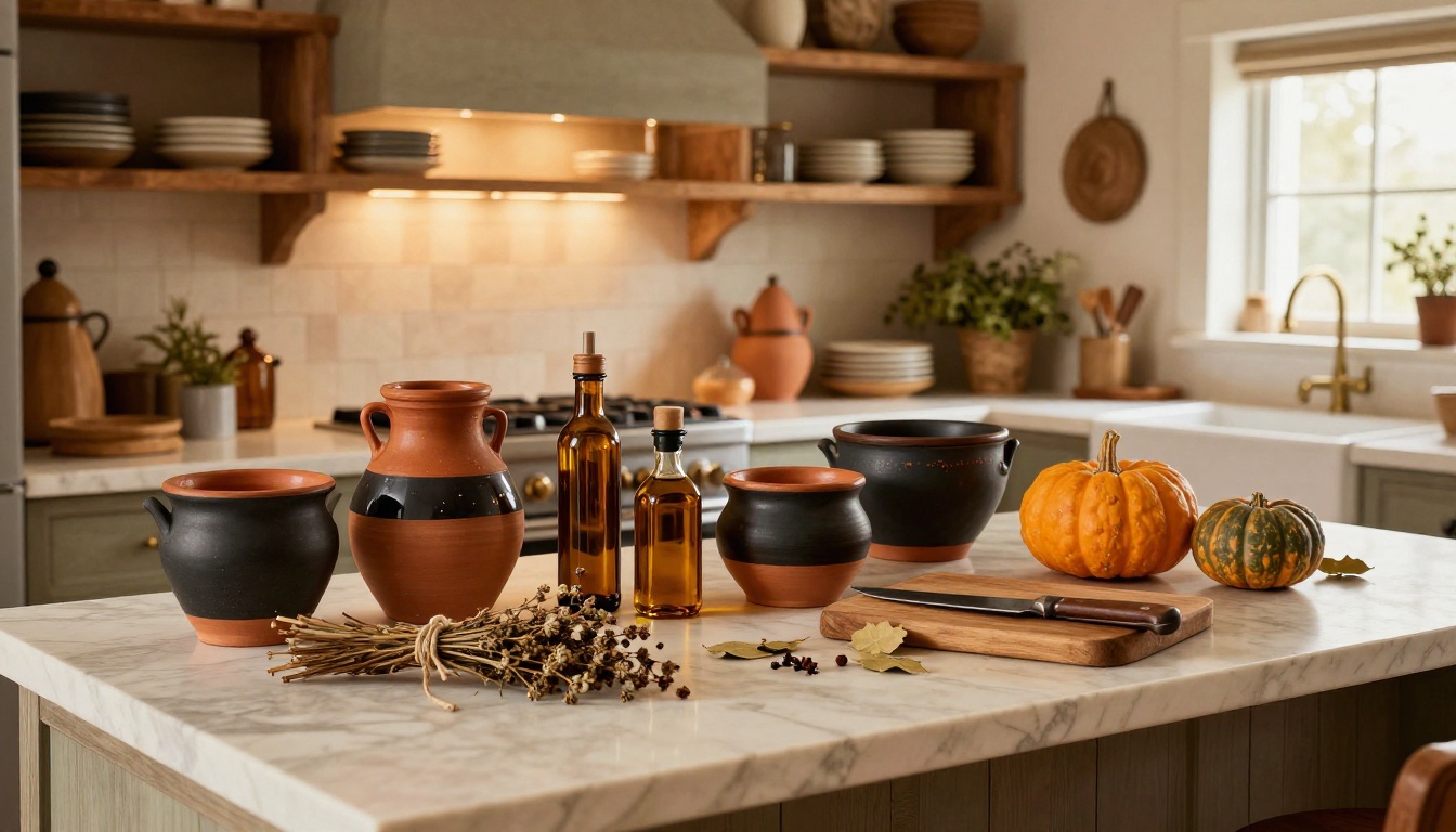 Rustic kitchen counter with terracotta ceramics, amber glass, and autumn squash in warm incandescent light Rustic kitchen counter with terracotta ceramics, amber glass, and autumn squash in warm incandescent light
