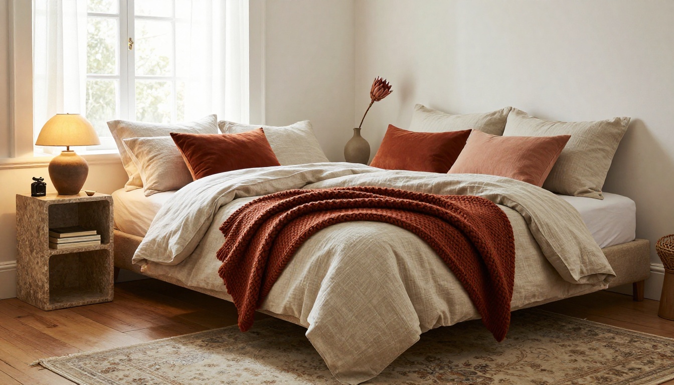 Autumn bedroom styled with oatmeal linen duvet, rust knit throw, and terracotta pillow in warm morning light Autumn bedroom styled with oatmeal linen duvet, rust knit throw, and terracotta pillow in warm morning light