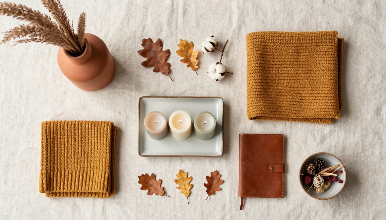 Overhead flat lay of autumn home decor products on linen surface for a catalog page composition Overhead flat lay of autumn home decor products on linen surface for a catalog page composition