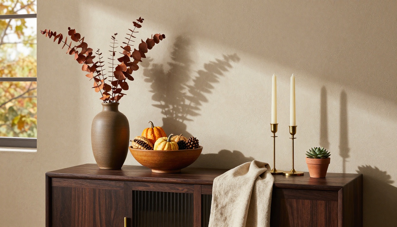 Autumn home goods sideboard display with ceramic vase, gourds, and brass candlesticks in raking natural light Autumn home goods sideboard display with ceramic vase, gourds, and brass candlesticks in raking natural light