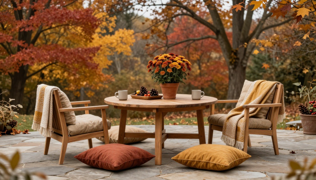 Autumn outdoor patio with teak furniture, linen cushions, and chrysanthemums in overcast fall light Autumn outdoor patio with teak furniture, linen cushions, and chrysanthemums in overcast fall light