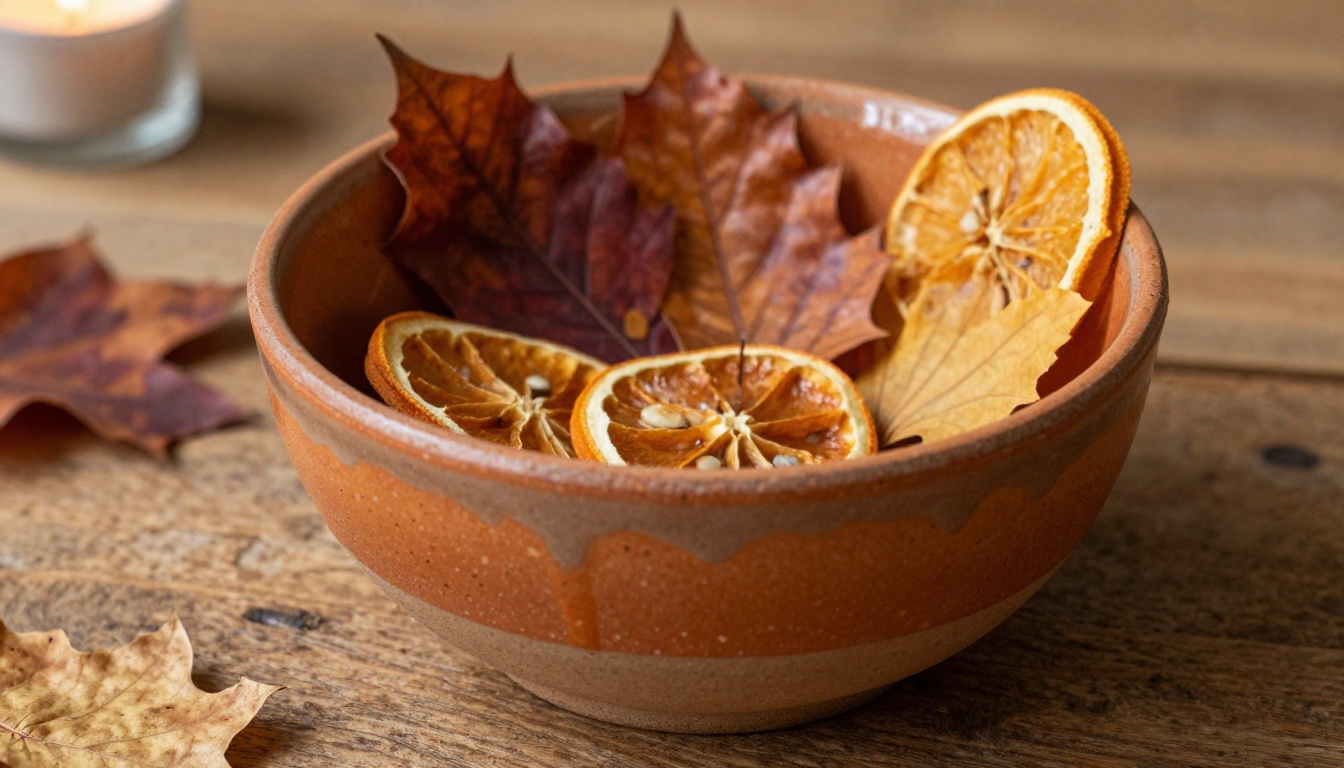 Close-up of artisanal terracotta ceramic bowl with dried autumn leaves and orange slices in candlelight Close-up of artisanal terracotta ceramic bowl with dried autumn leaves and orange slices in candlelight