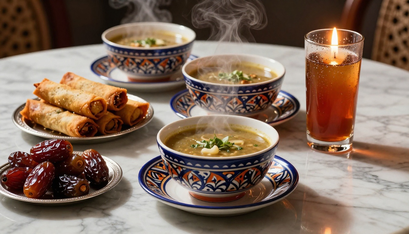Iftar spread with steaming harira soup, Medjool dates, and golden samosas arranged on a marble table with candlelight