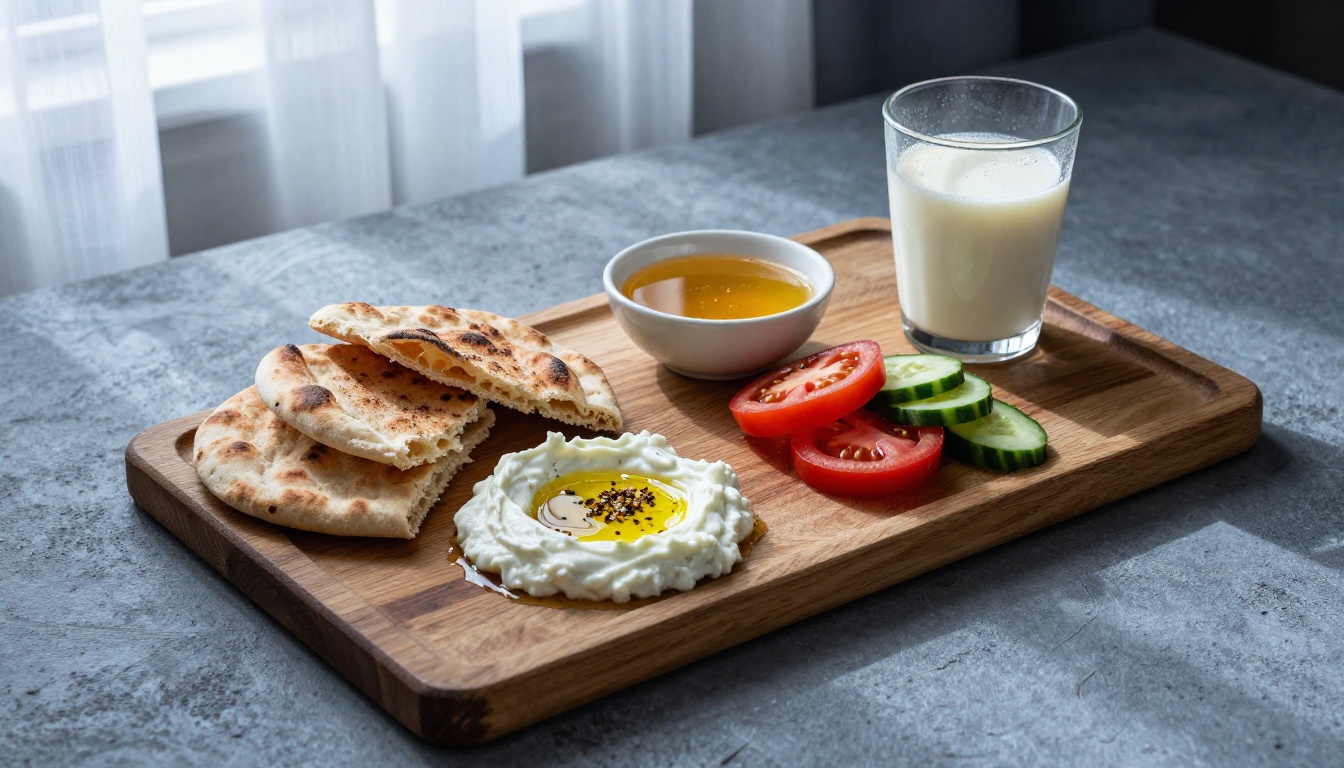 Aerial view of a suhoor table with labneh, za'atar pita, cucumbers, and honey in soft pre-dawn blue-gray light