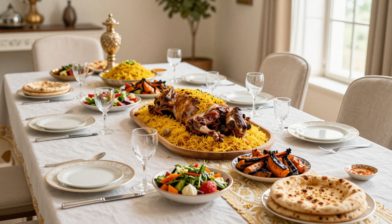 Grand Eid al-Fitr feast table with roasted lamb, saffron rice, grilled vegetables, and fine china in warm afternoon light