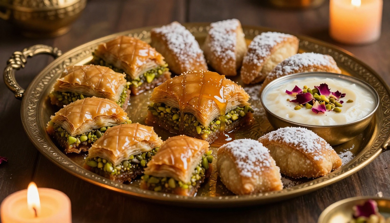 Golden kunafa, pistachio baklava, ma'amoul cookies, and muhallabia rose pudding arranged on an ornate brass tray with candlelight