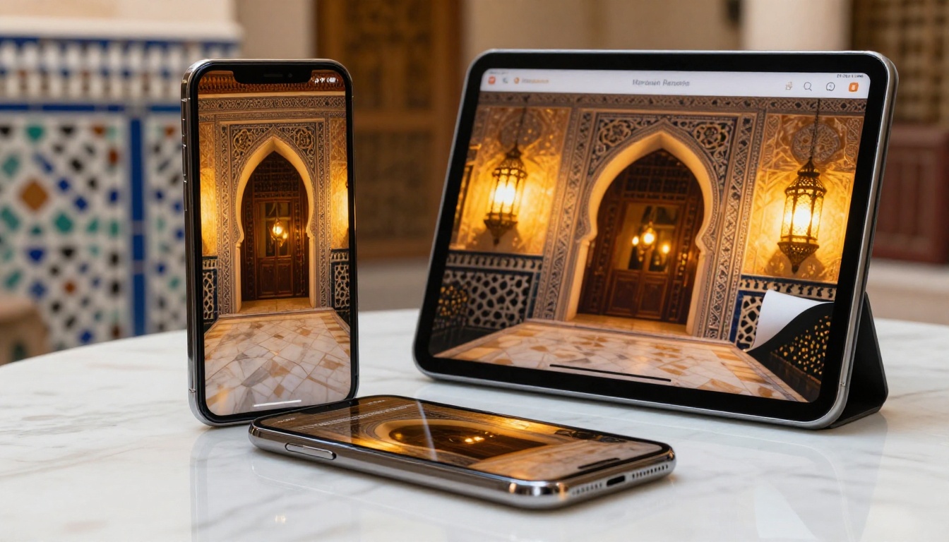 Smartphone and tablet displaying a beautifully designed Ramadan digital menu flipbook with page-curl effect on white marble