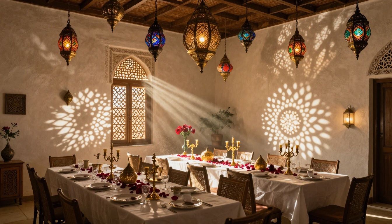 Warm Ramadan dining room with ornate Moroccan lanterns, carved mashrabiya window light, and a long table set for a celebration dinner