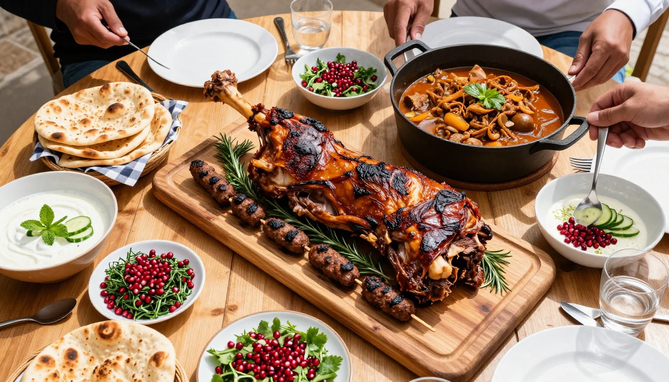 Eid al-Adha meat feast overhead: roasted leg of lamb, kofta skewers, cast iron stew, and fresh herb salads with pomegranate