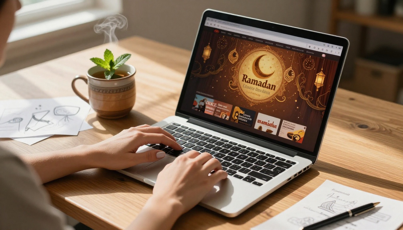 Woman's hands designing a Ramadan digital menu on a laptop, a steaming cup of mint tea and design sketches beside her