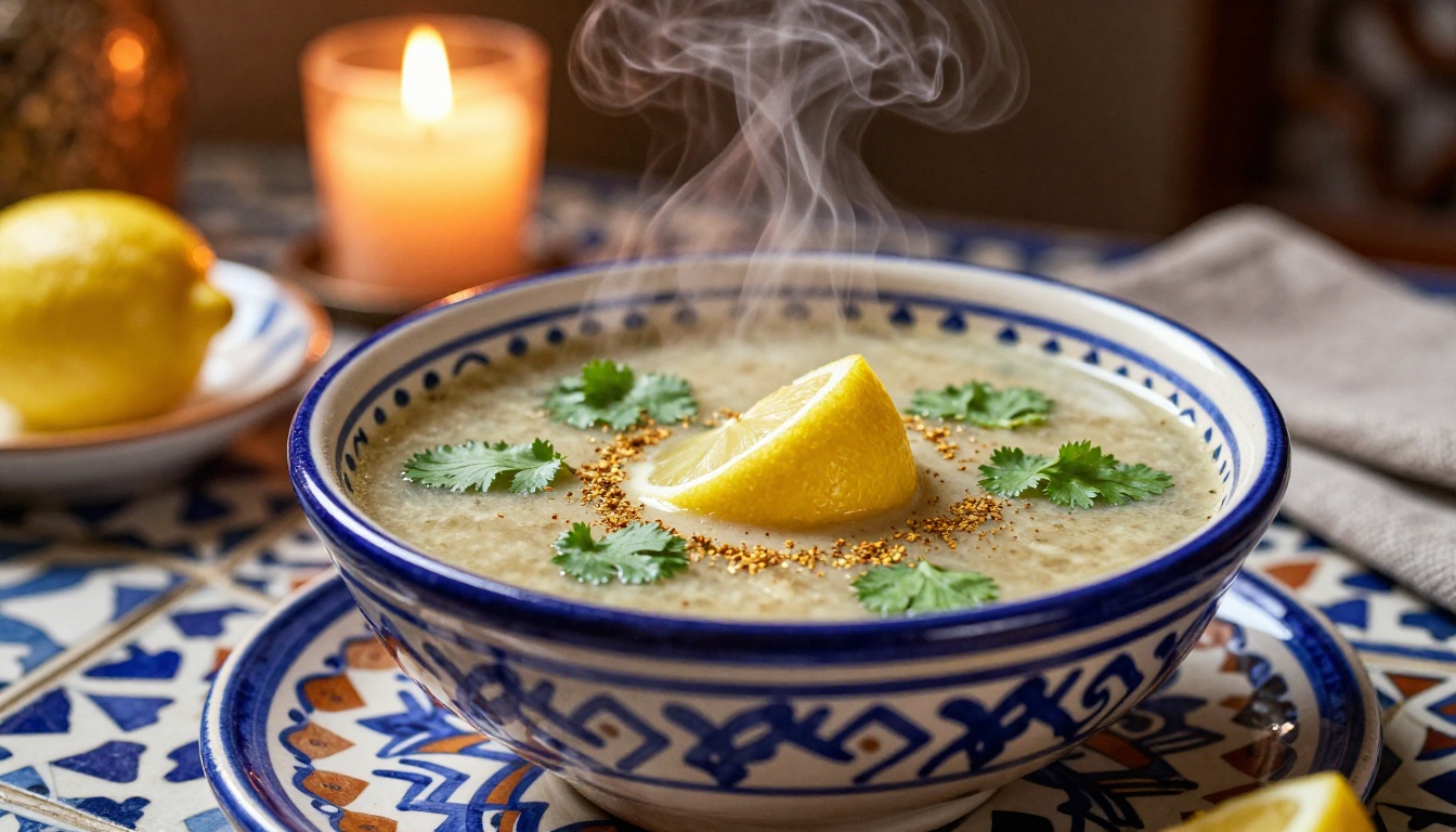 Steaming harira soup in a hand-painted blue ceramic bowl on Zellige tiles, backlit candle creating a warm amber halo effect