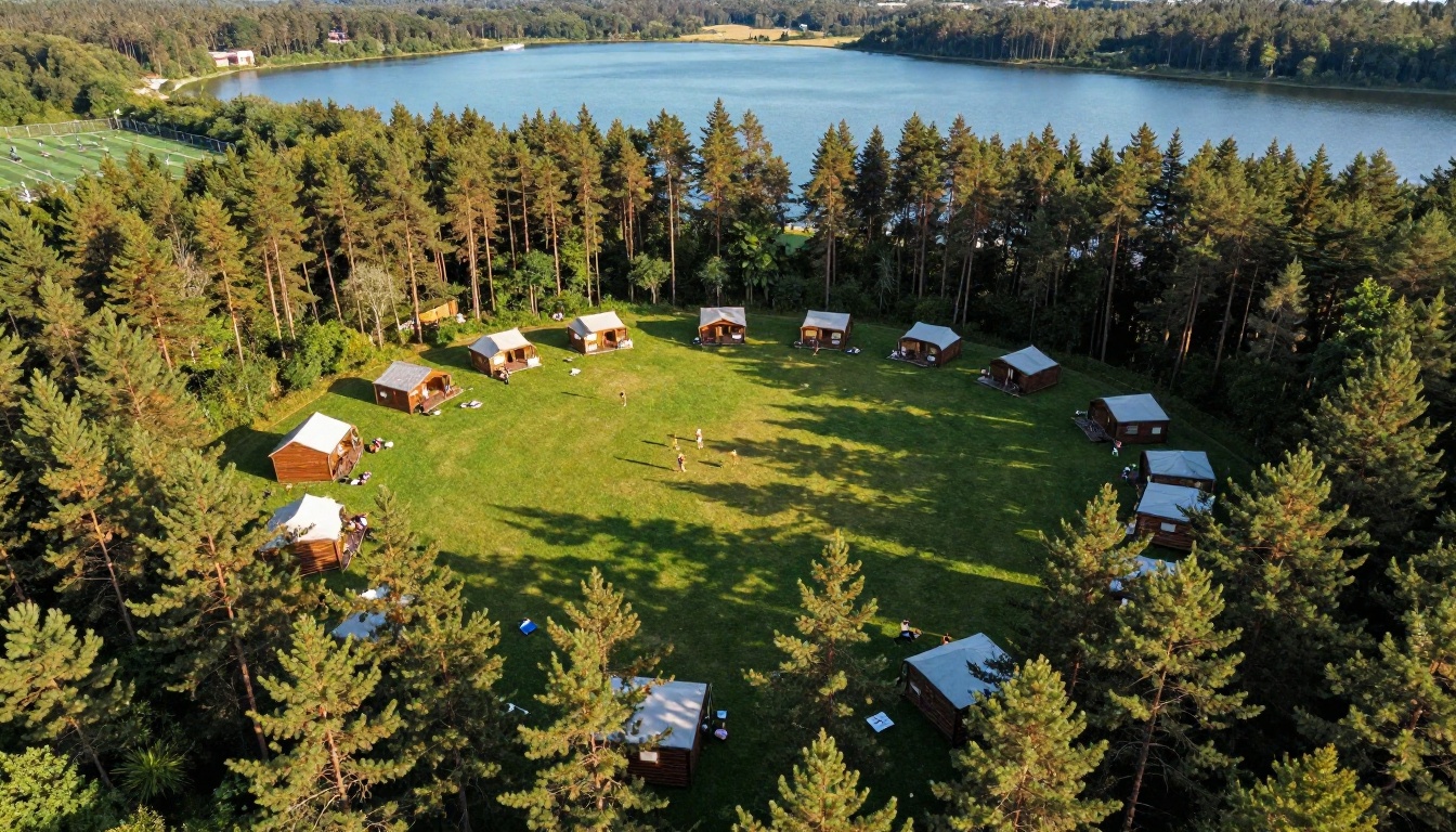 Aerial view of summer camp grounds nestled in pine forest