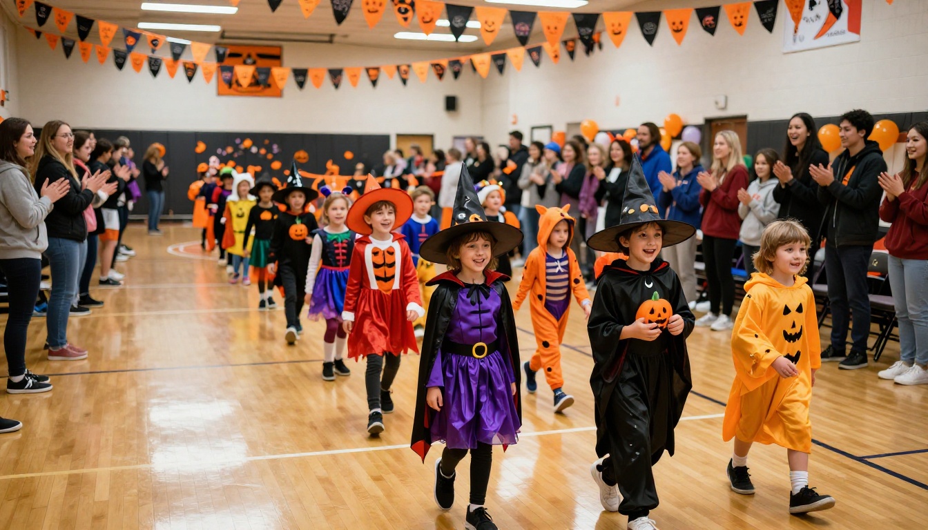 Children in Halloween costumes marching in a school gymnasium costume parade Children in Halloween costumes marching in a school gymnasium costume parade
