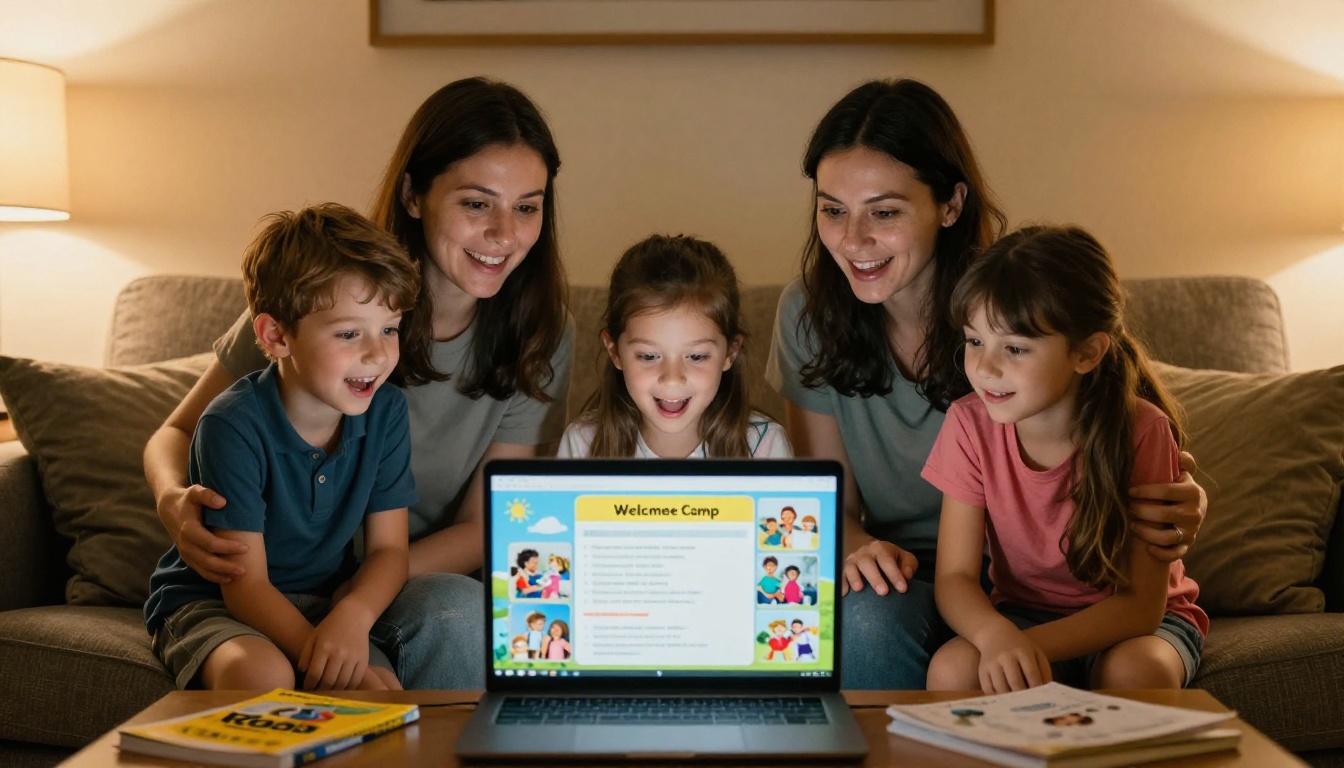 Family reviewing summer camp welcome packet together on couch