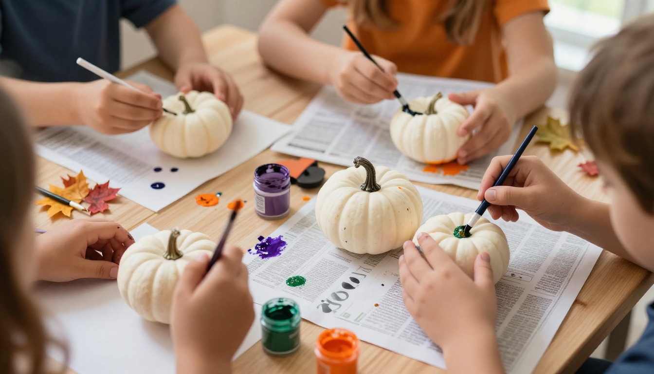Children decorating pumpkins at a Halloween craft table with paints Children decorating pumpkins at a Halloween craft table with paints