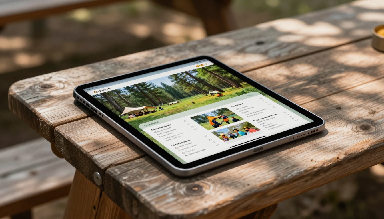 Summer camp digital flipbook packet displayed on tablet outdoors Summer camp digital flipbook packet displayed on tablet outdoors
