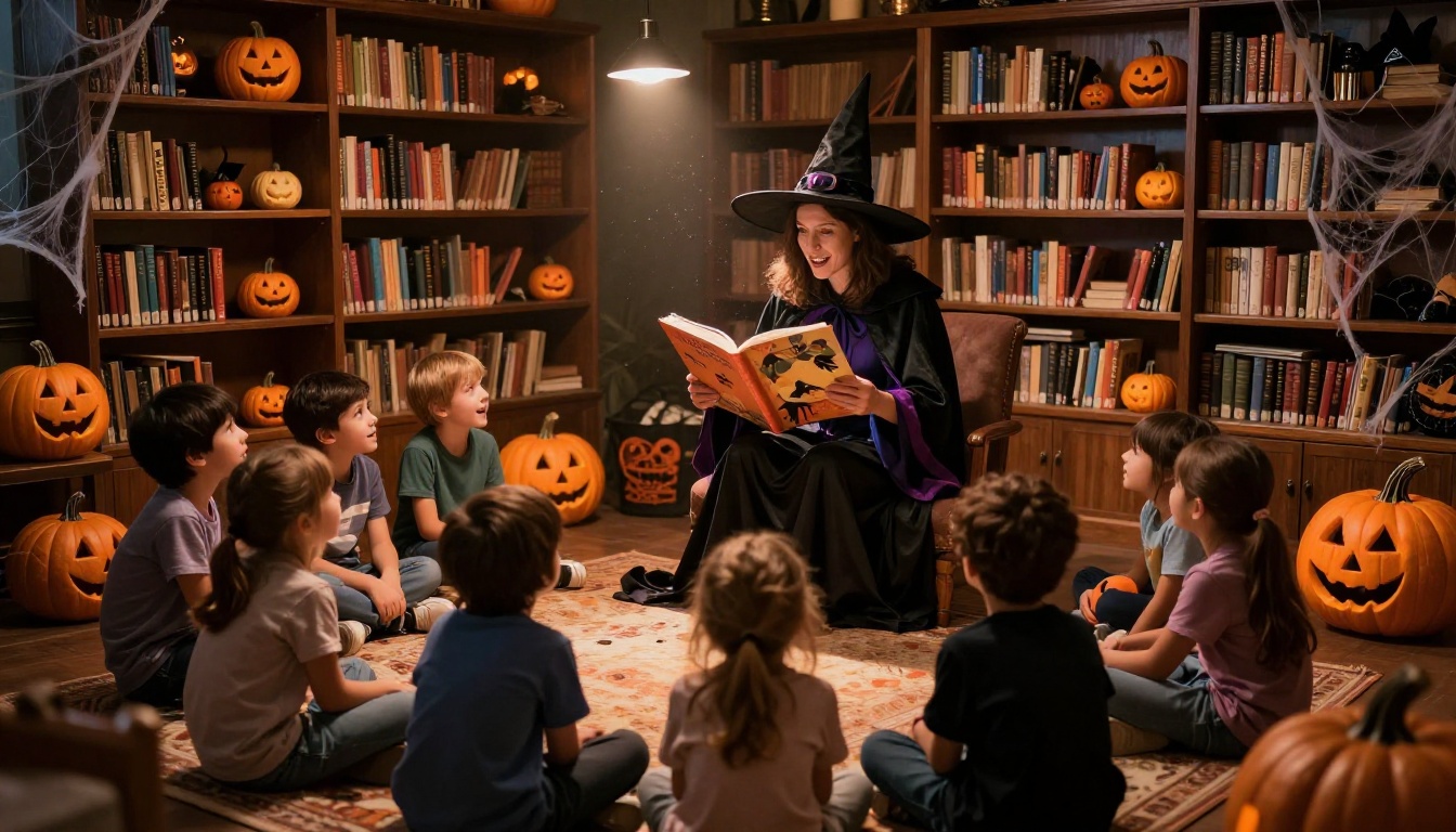 Teacher in witch costume reading to children in a school library decorated for Halloween Teacher in witch costume reading to children in a school library decorated for Halloween