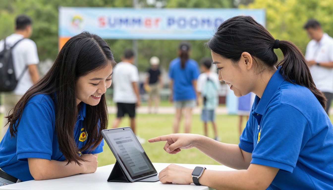 Camp counselor showing parent digital check-in process on tablet Camp counselor showing parent digital check-in process on tablet