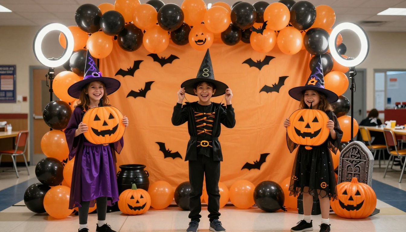 Children posing at a Halloween photo booth with balloon backdrop and props Children posing at a Halloween photo booth with balloon backdrop and props