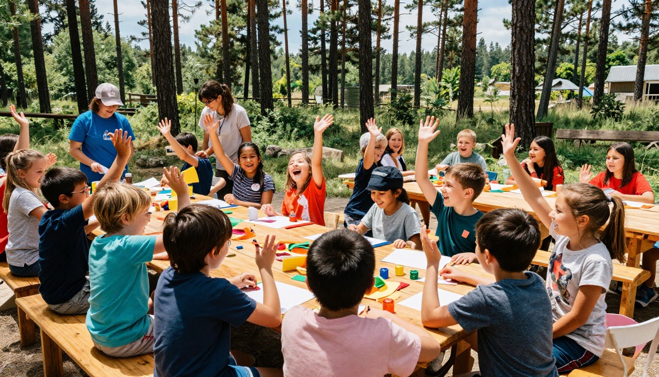 Happy diverse children at outdoor summer camp craft activity Happy diverse children at outdoor summer camp craft activity