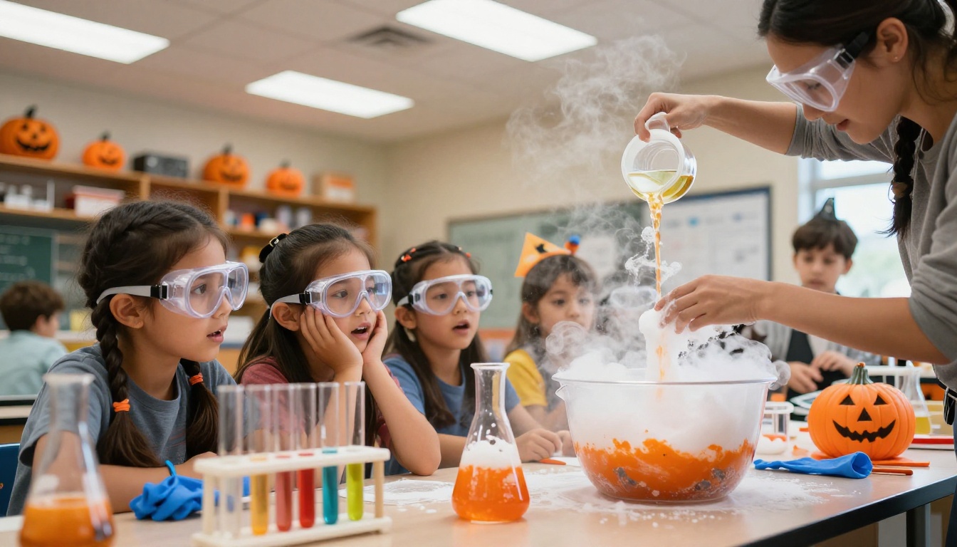 Children with safety goggles at a Halloween science experiment station Children with safety goggles at a Halloween science experiment station