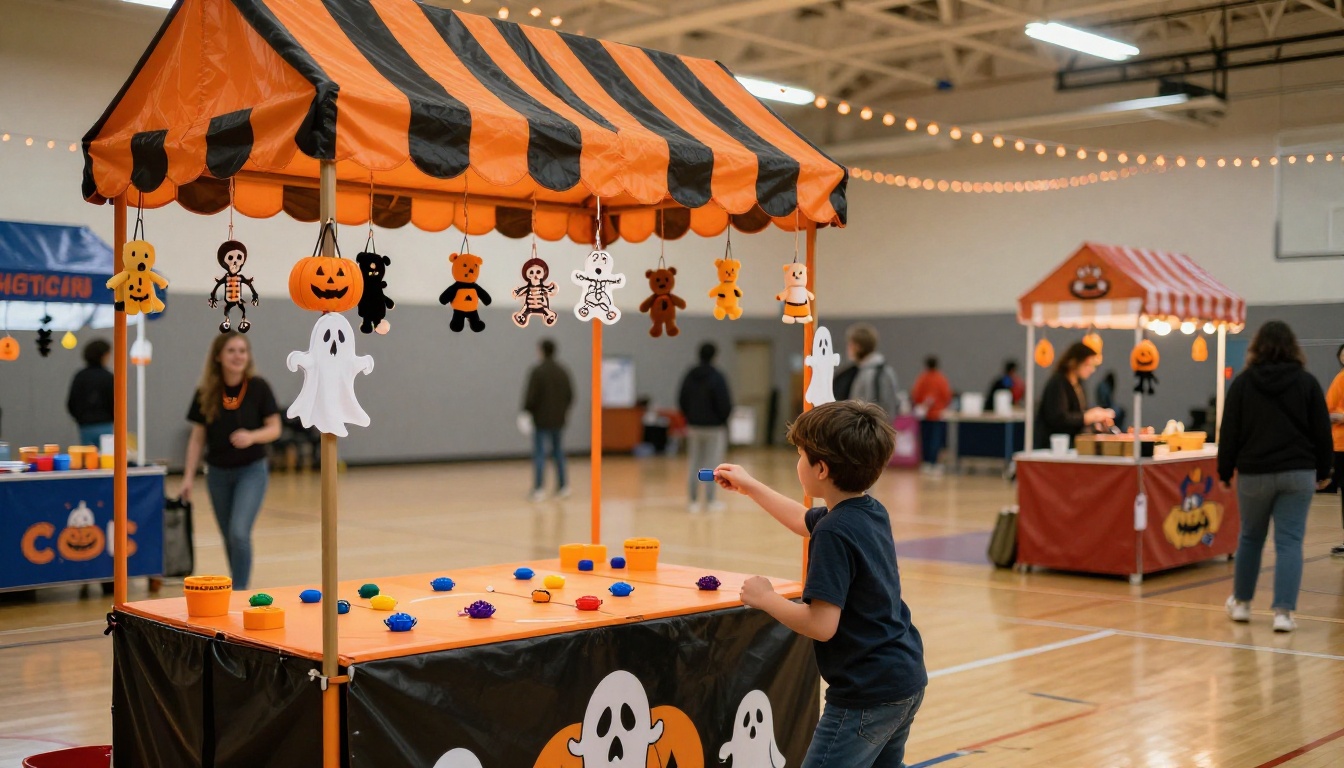 Halloween carnival game booth with ring toss and prizes at a school event
