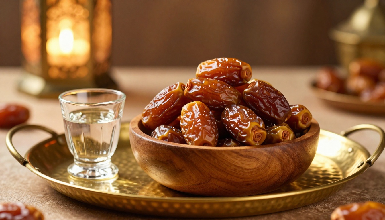 Dates and water served on an ornate brass tray for iftar