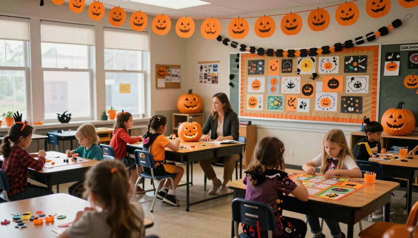 Elementary school classroom decorated for Halloween with children at desks