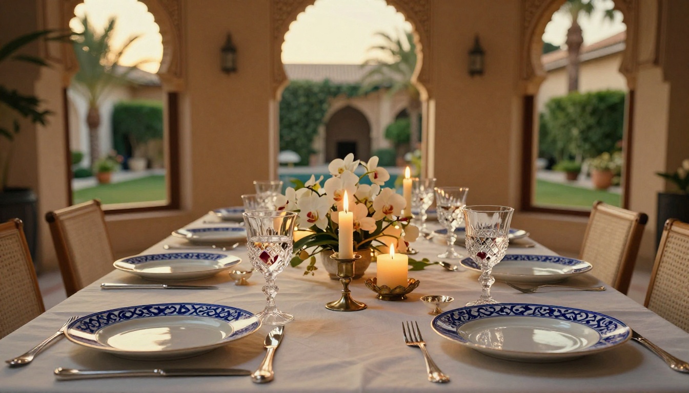 Elegantly set Eid dinner table with arched Moroccan-style windows