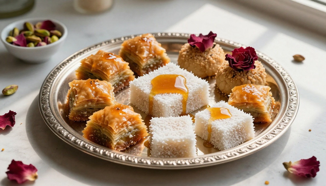 Traditional Middle Eastern sweets arranged on an ornate silver tray