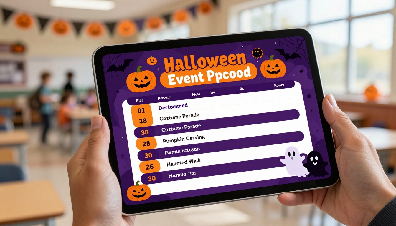 Hands holding a tablet displaying a digital Halloween event program