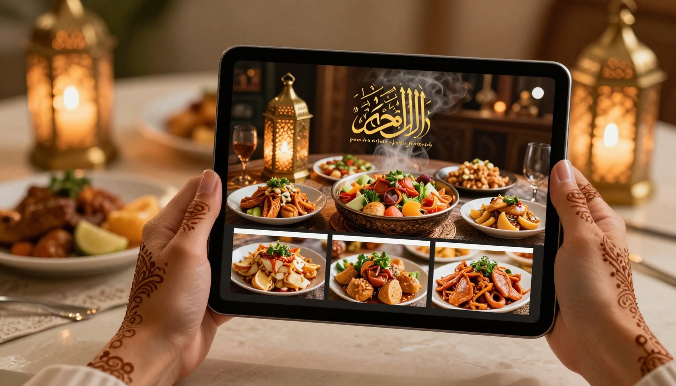 Elegant hands with henna browsing a digital menu flipbook on a tablet at iftar