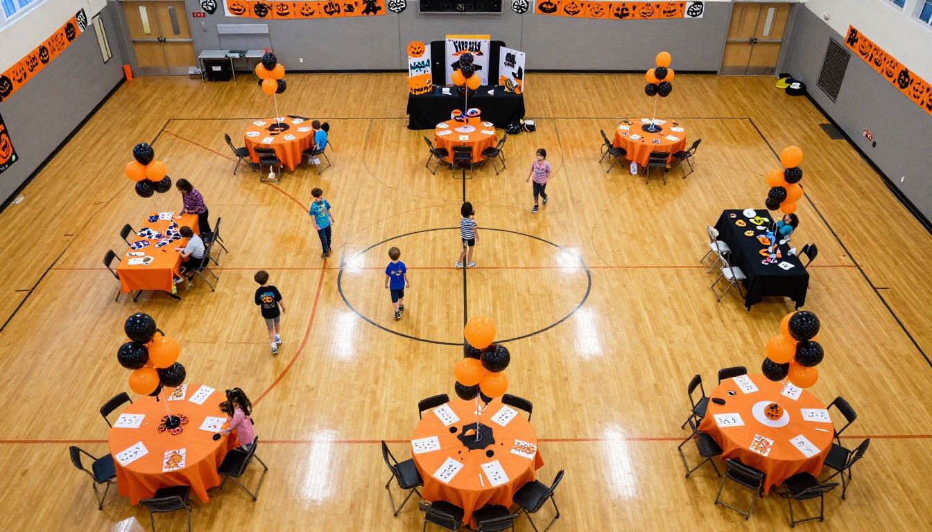 Aerial view of a school gymnasium set up with multiple Halloween activity stations