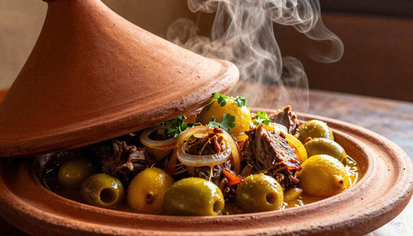 A clay tagine lid being lifted to reveal slow-braised Moroccan lamb with lemons