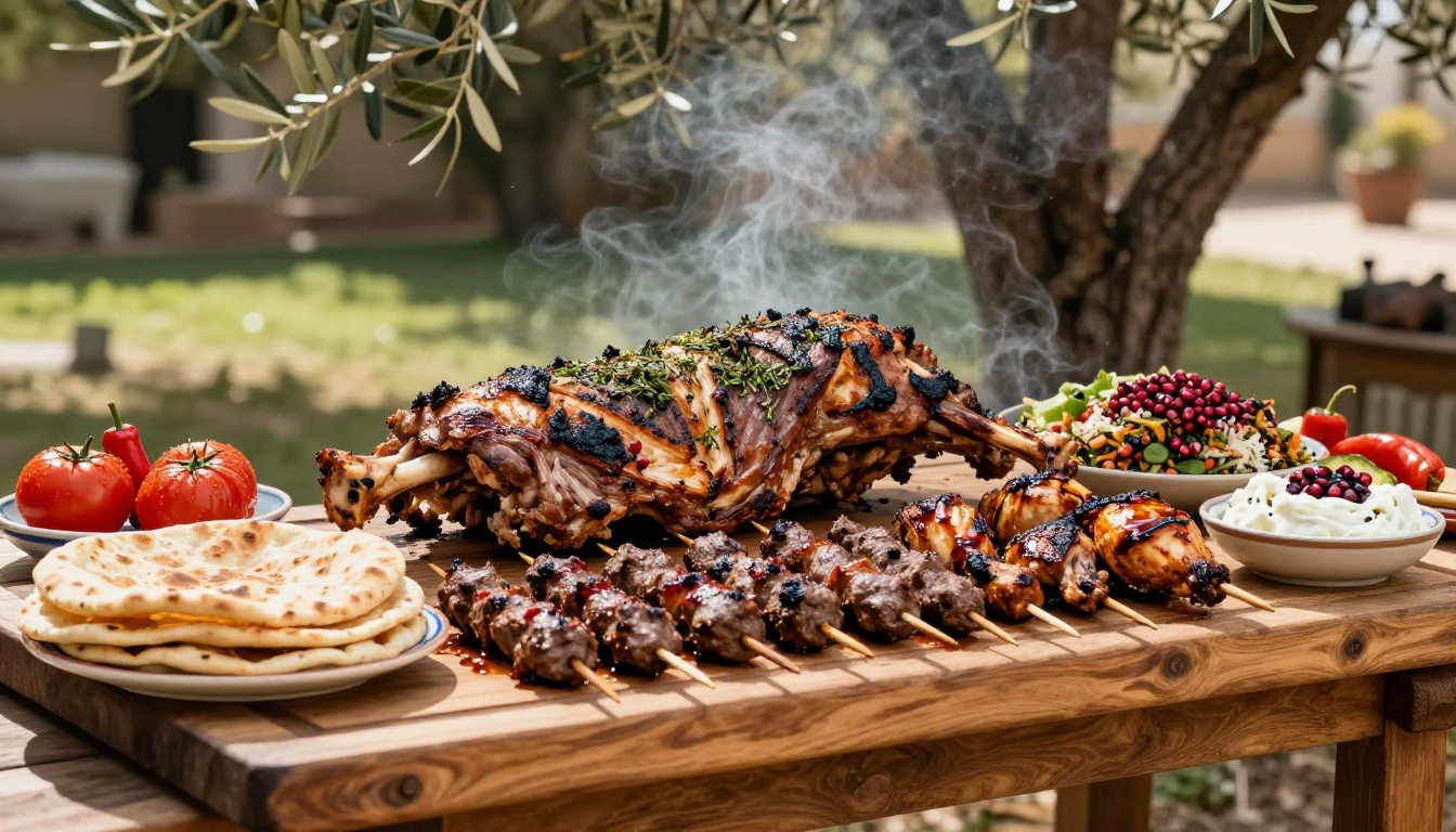 Eid Al-Adha grilled meat feast spread on a wooden board in a garden setting