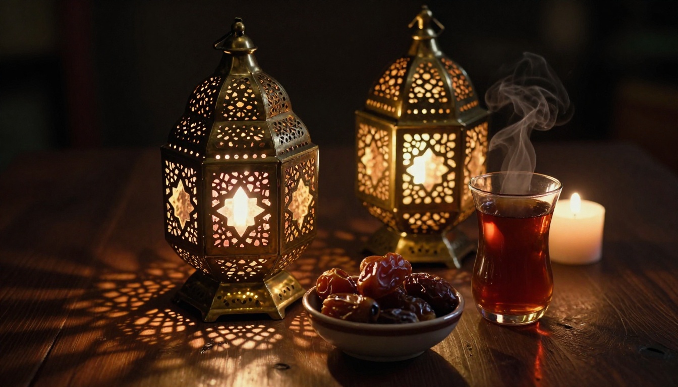 Two ornate brass Ramadan lanterns casting golden light patterns on a wooden table