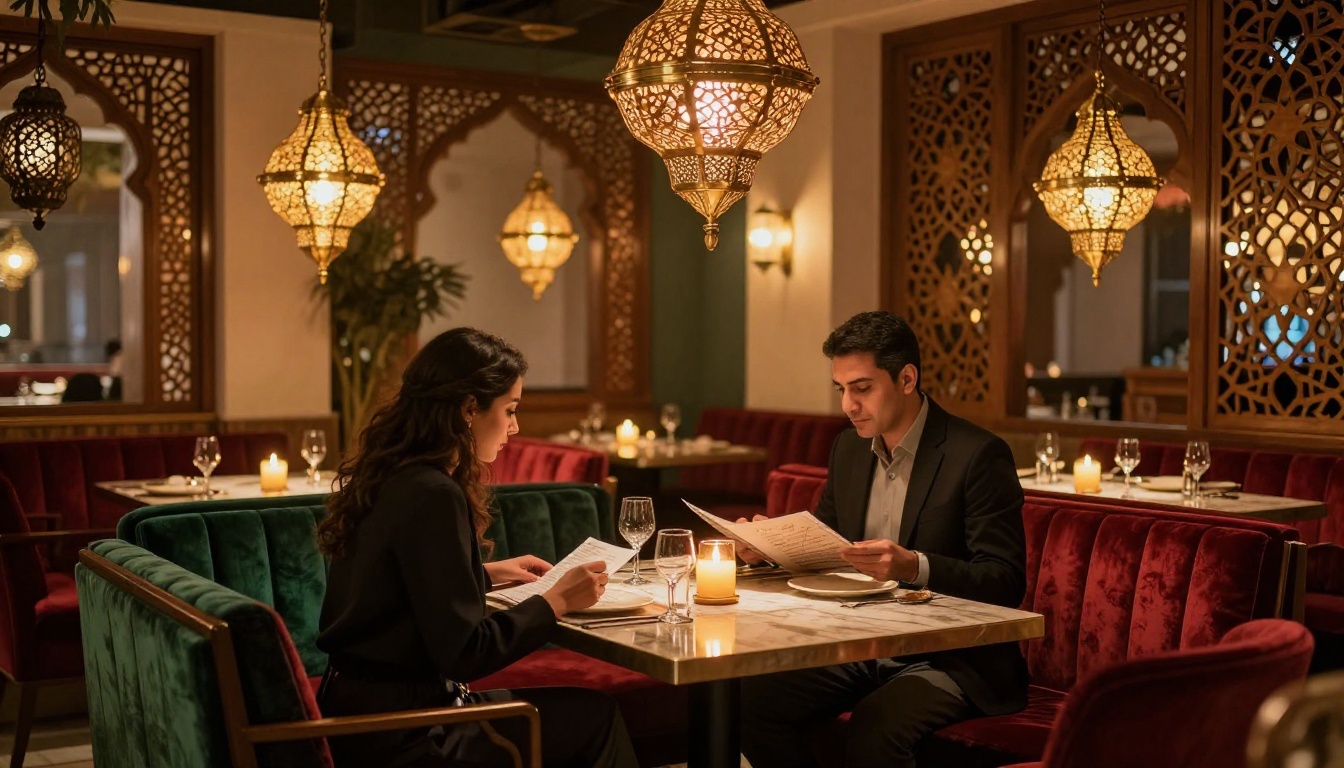 Middle Eastern restaurant interior with Ramadan ambiance, brass pendant lights, and velvet seating