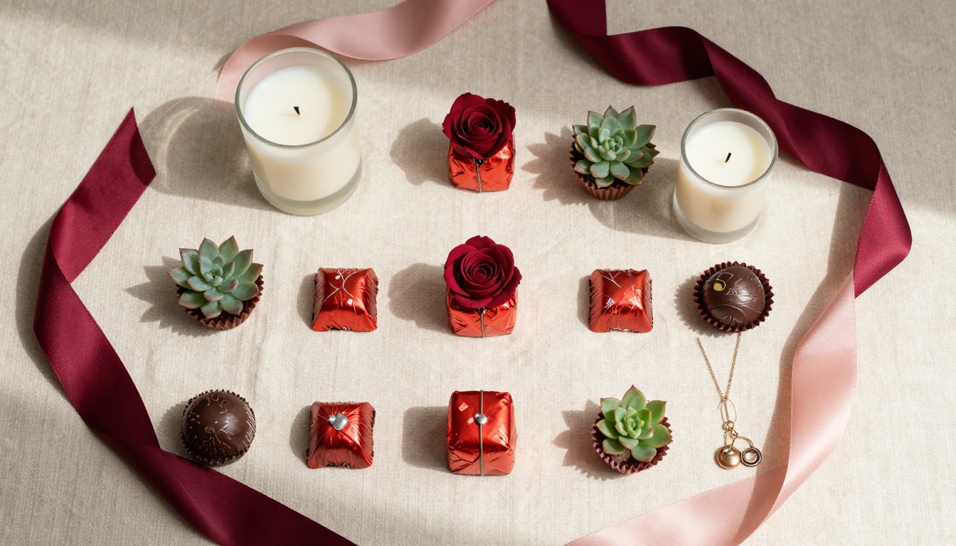 Valentine's Day gift products arranged in a flat lay on cream linen